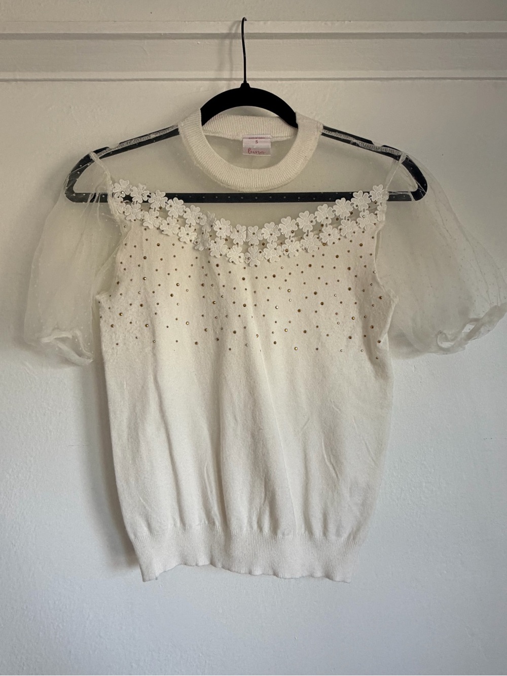 Sheer Puff Sleeve White Floral-Appliqué Sweater